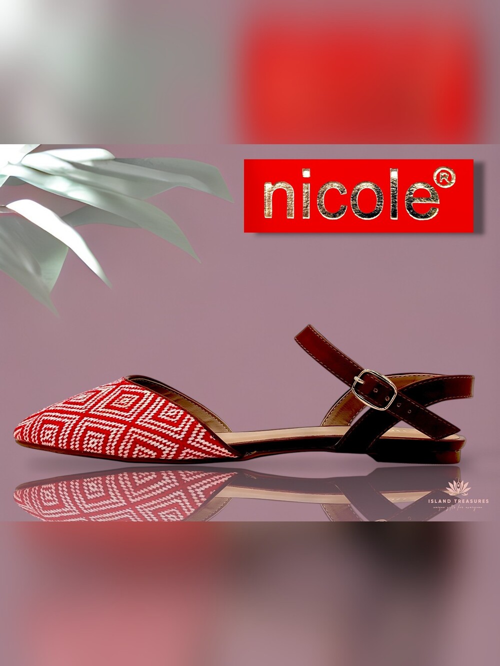 Nicole Sz 8 Red Woven Fabric Ankle Straps Chic Silver Buckles Faux Leather Flats